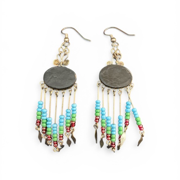 Boho Turquoise Beaded Fringe Dangle Chandelier Earrings - Picture 4 of 6